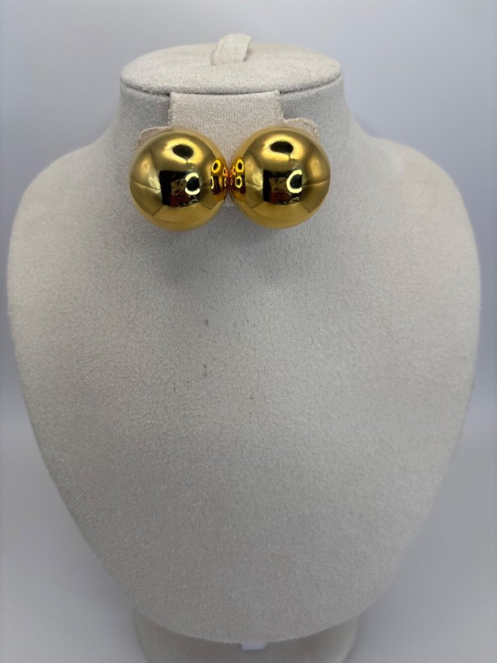 Vintage Large Dome Button Shiny Gold Tone Pierced Earrings